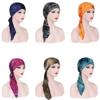 

Women Hijab Headscarf Muslim Cap Turban Printed Headwear Bonnet Scarf Bandanas Ombre Multicolor Long Tail Inner Cap Chemo Cap