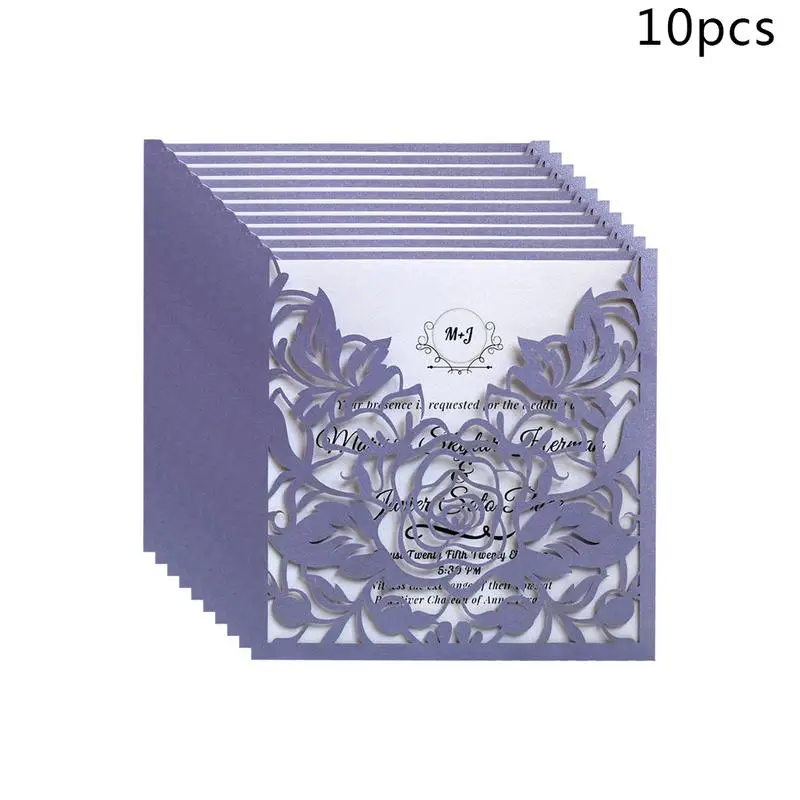  10pcs/lot Lace Pocket Wedding Invitations Cards Square Laser Cut Rose Flower Greeting Card Invitati - 32967346266