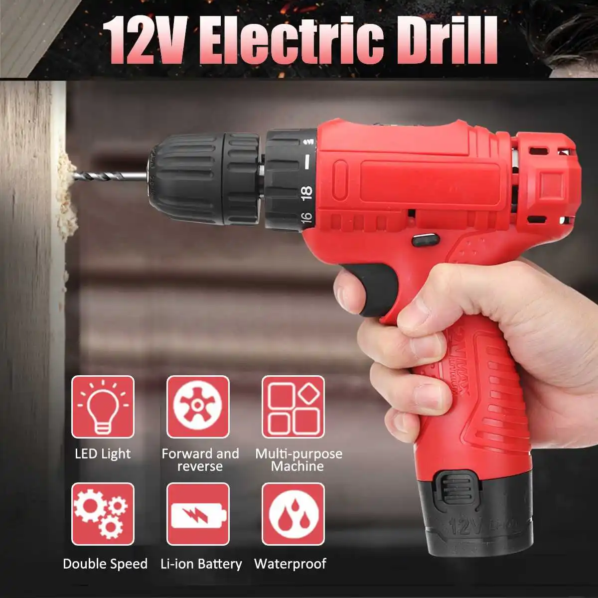 

12V Hand Electric Drill Cordless Electric Screwdriver Machine Power Tools Electric Drill Impact Tool Adjustment LED lighting