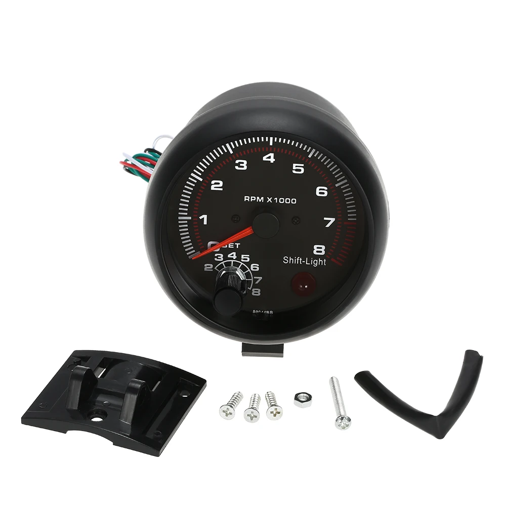 

3.75" Car Universal Black Tachometer Gauge White Inter Shift light 0-8000 RPM