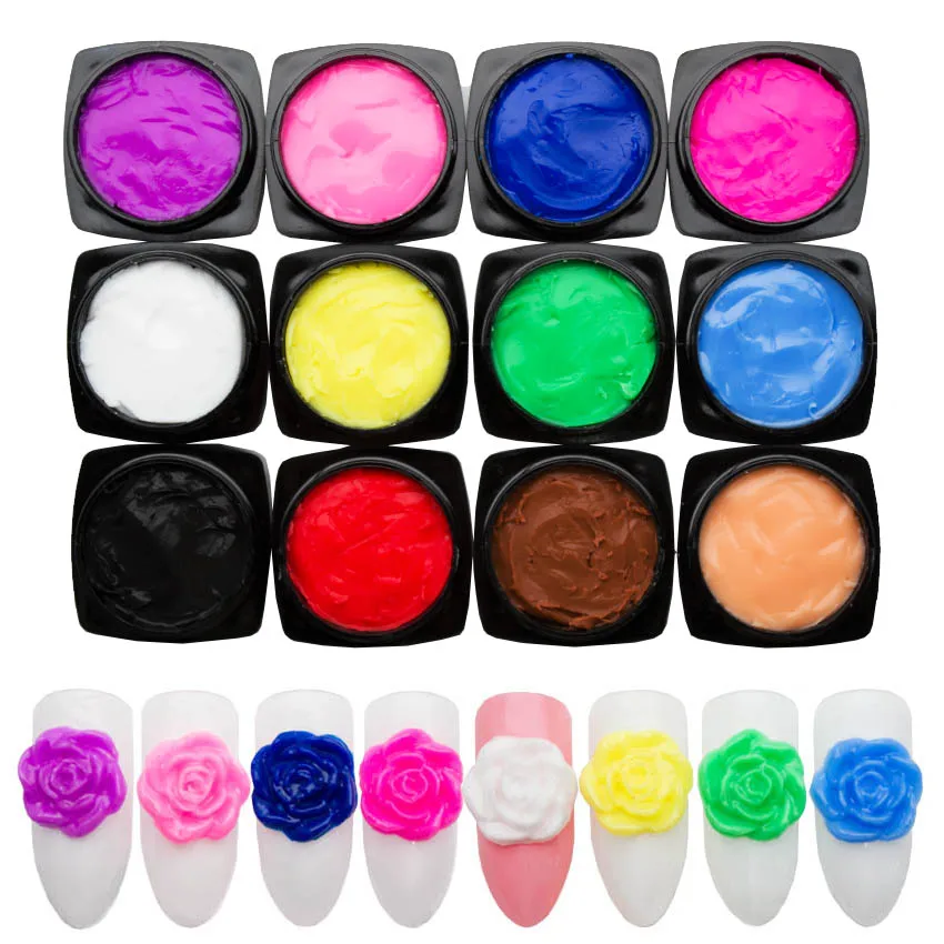 

12 Color Carved Patterns 3D Nail Gel Varnish Plasticine For Nails Carved Gel For Modeling Sculpture Gel Paint Lacquer ZJJ2012