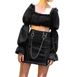 Женская высокая талия цепь Сращивание Черный А-силуэт зима теплая хип-юбка с металлической украшение из колец Slim-Fit