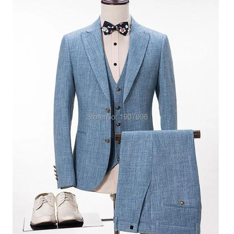 Abiti da uomo in lino azzurro chiaro per smoking da ballo da sposa 3 pezzi  risvolto con visiera Slim Fit uomo abiti da sposo giacca pantaloni  gilet|Suits| - AliExpress
