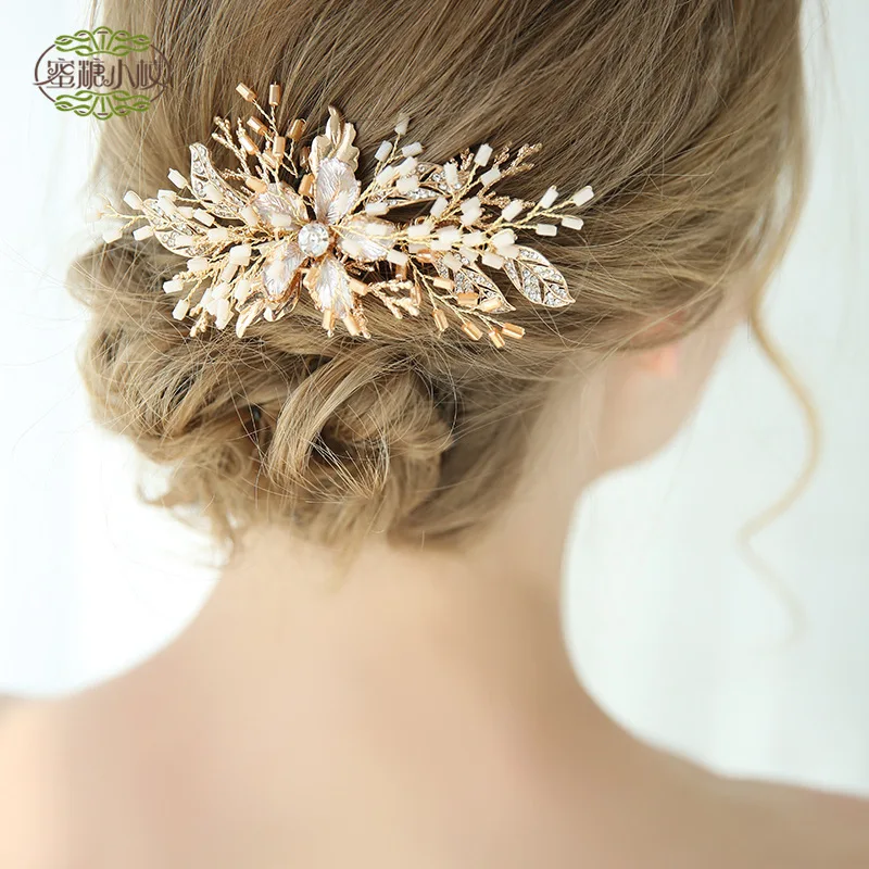 

Crystal Bridal Wedding Headpiece Gold Leaf Bride Headwear Hair Comb Handmade Flower Women Party Bridal Jewelry Accessories S8146
