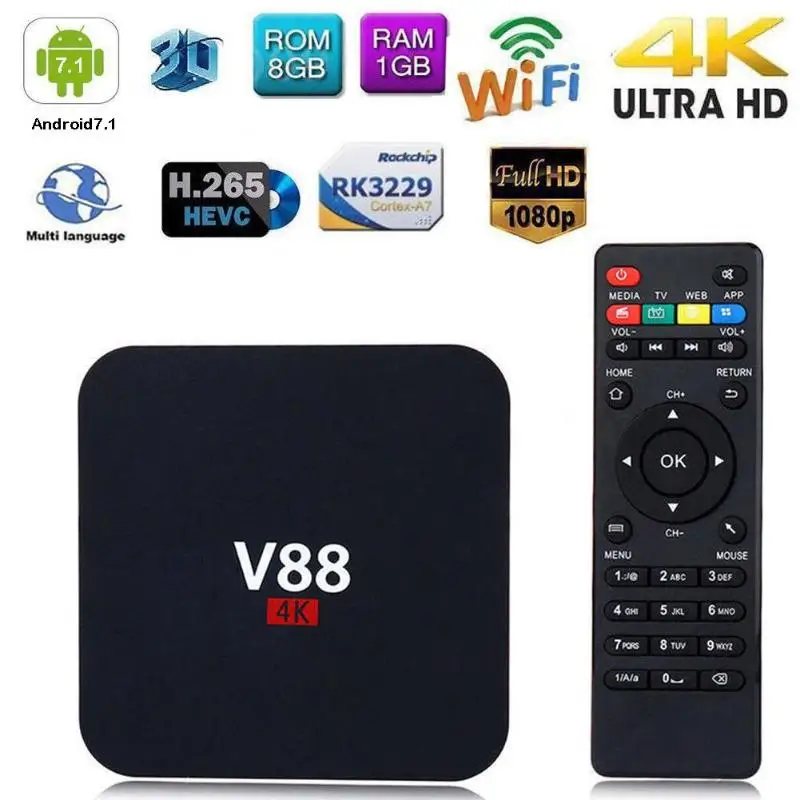

V88 4K Android 6.0 Smart TV BOX RK3229 Quad Core 1.5GHZ 1GB+8GB 1080P WIFI Media Player Set-top Box