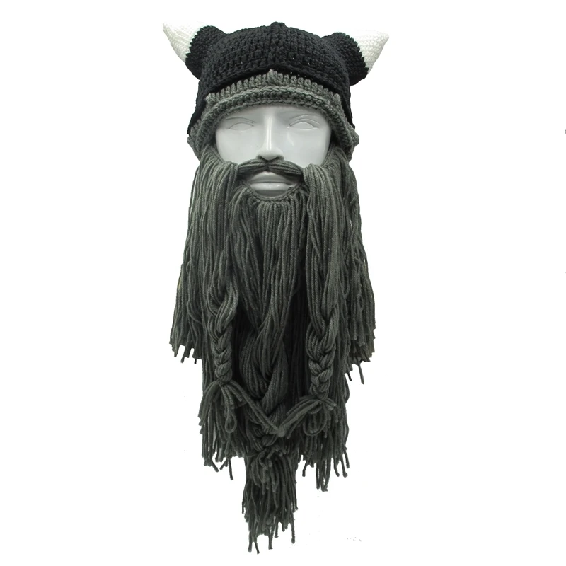 Забавные мужские вязаные шапки Vikings Beanies ручной работы с рогом бороды зимние