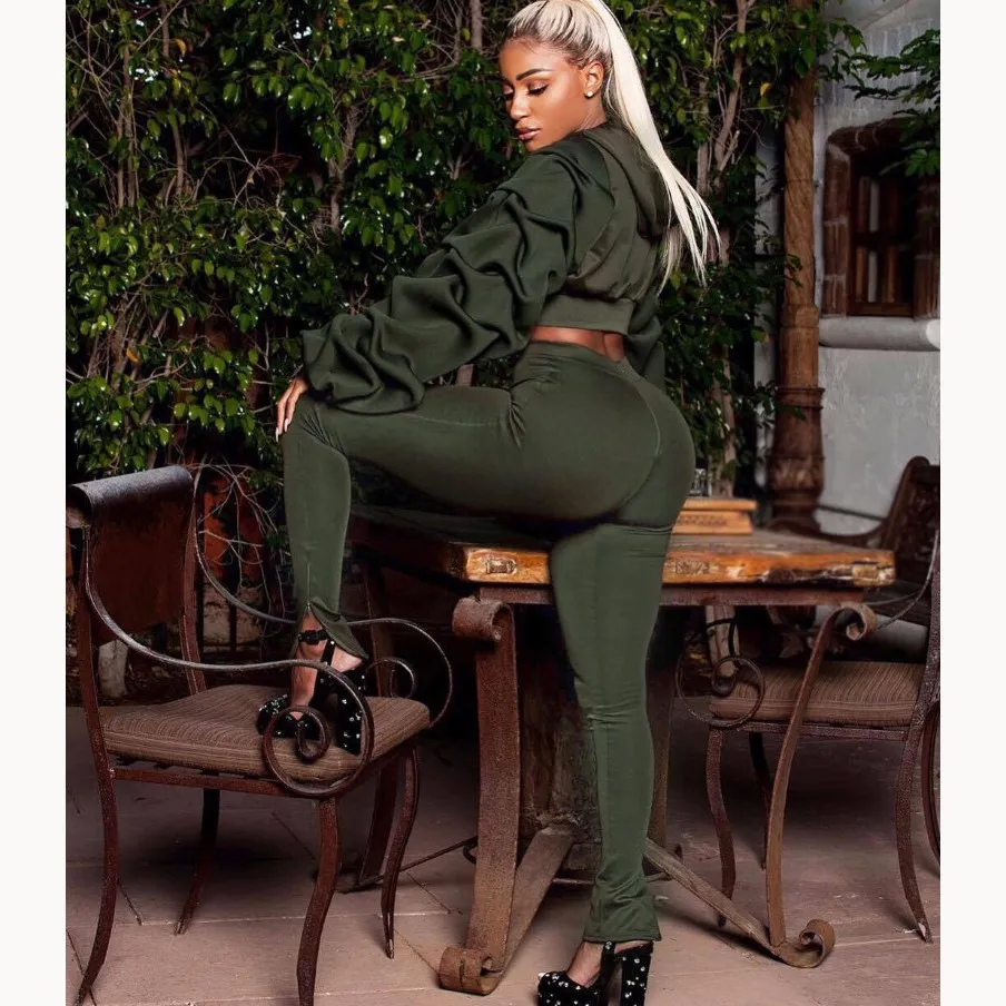 

2018 Two Piece Set Winter Skinny Pants Set Puff Sleeve Crop Top Women Sets Sexy Tracksuits Hoodies Sweatshirt Set