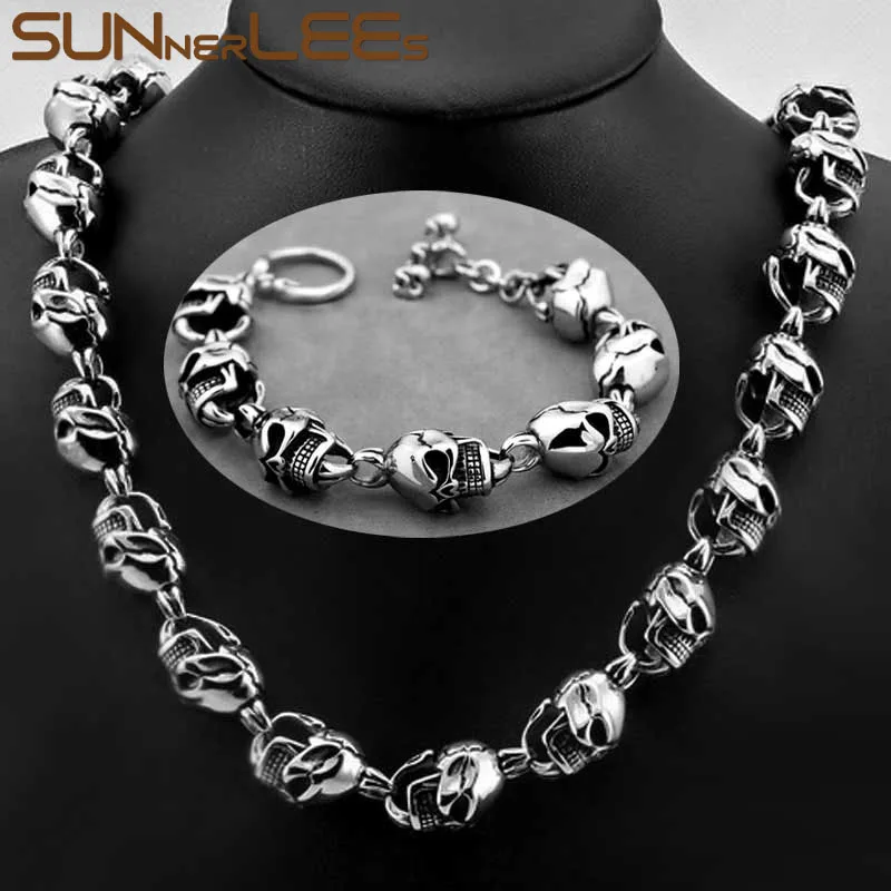 

SUNNERLEES Fashion Jewelry 316L Stainless Steel Necklace Bracelet Set 15mm Huge Punk Skull Link Chain For Men Gift SC1001 S