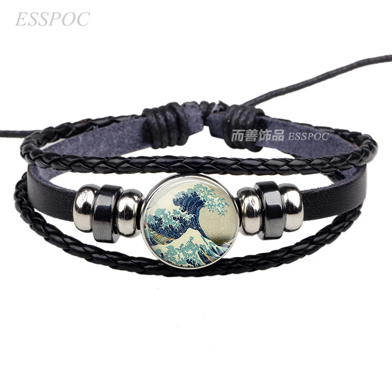 Braided Rope Glass Dome Pendant Kanagawa Art Fine Photo Jewelry Wave Leather Bracelet Fashion Accessories Sea Love Gift | Украшения и