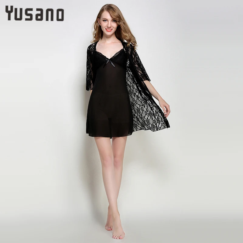 

Women's Bathrobe Set Lace Dressng Gown Bathrobes V-Neck Lingerie Femme Two Piece Robe & Shirt Lacy Gowns Night Shirts Sexy Gown