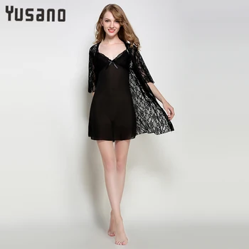 

Women's Bathrobe Set Lace Dressng Gown Bathrobes V-Neck Lingerie Femme Two Piece Robe & Shirt Lacy Gowns Night Shirts Sexy Gown