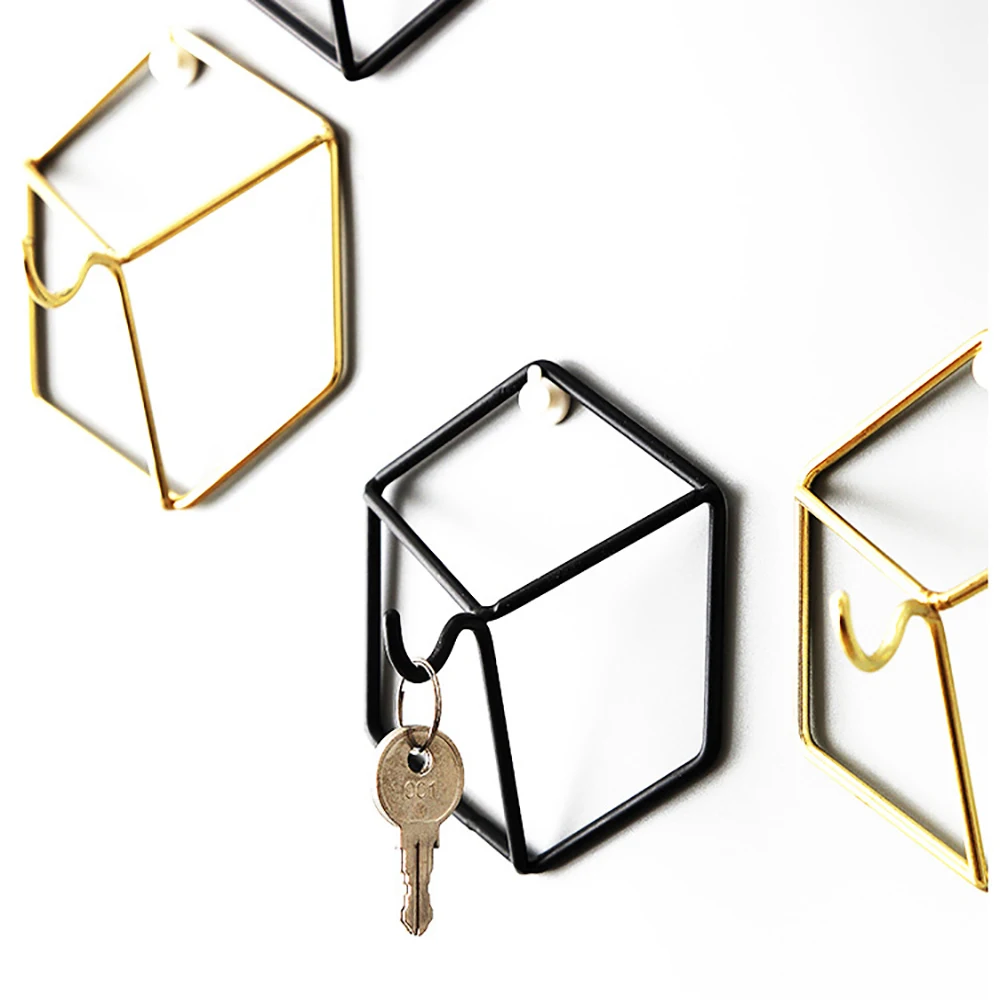 

Nordic style Hexagon Design Gold Iron Art Storage Hook Minimalist Wall Key Holder Room Organizer Home Decor