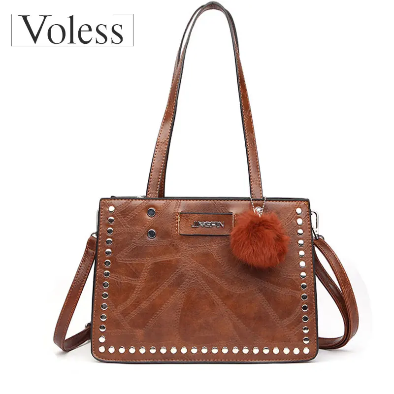 

VOLESS Women PU Hair Ball Bag Handbag Rivet Handbag Shoulder Bag Large Capacity Luxury Handbags Women Bags Designer Sac A Main