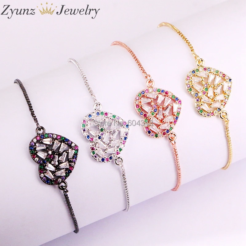 

10PCS ZYZ333-5085 Full CZ Zircon Charm Heart Bracelets for Women Adjustable Chain Wedding Bracelet