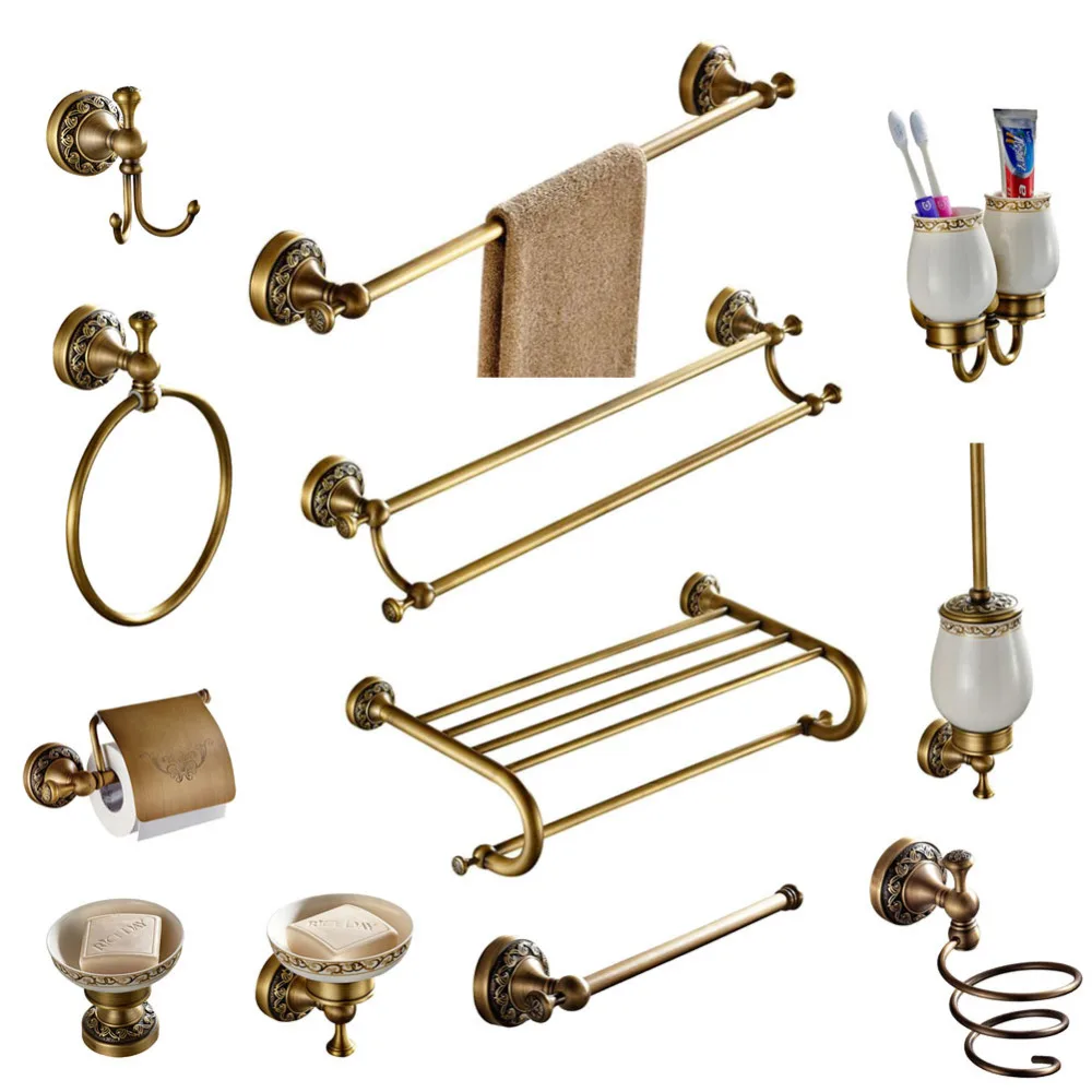 Bathroom Accessories set Antique Brass Collection Carved Bathroom Products  wall mounted brass bathroom hardware set