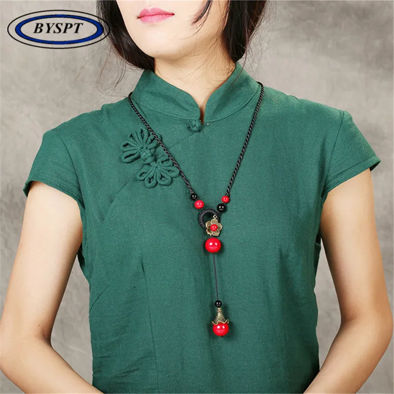 

BYSPT Knotted Red Stone Beads Stone Long Tassel Retro Ethnic Beaded Necklace Sweater Chain