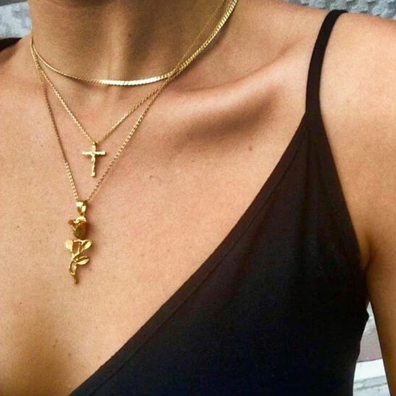 

Fashion Boho Multilayer Gold Color Necklace For Women Rose Cross Pendant Female Jewelry Gifts