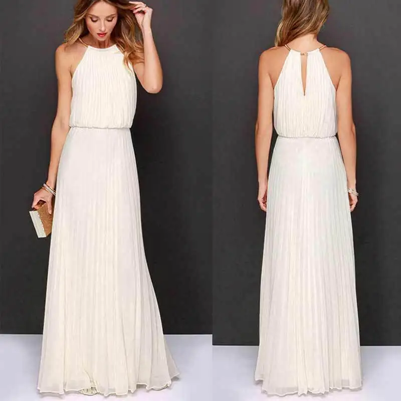 

2019 uguest Elegant Women Dress Solid Halter Sleeveless Dresses Summer Casual Beach Wear Chiffon Maxi Long dress