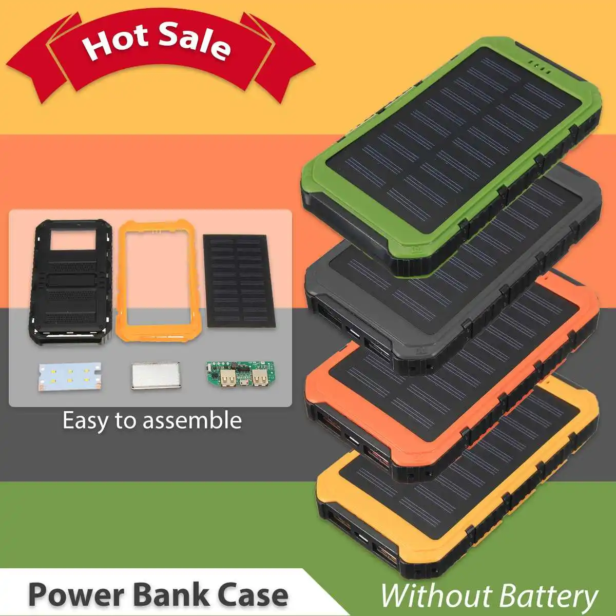 

Waterproof DIY Solar Panel External Battery Power Bank Case Dual USB Solar Charger Box with LED Light 4 Color
