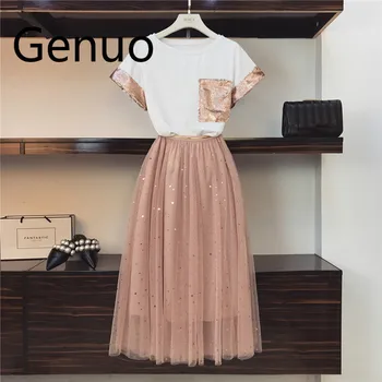 

2019 Summer Women Pink Sequined Pocket Short-sleeved Cotton T-shirt + Star Sequins Long Mesh Skirt Set Girls Cute Two-piece Sets