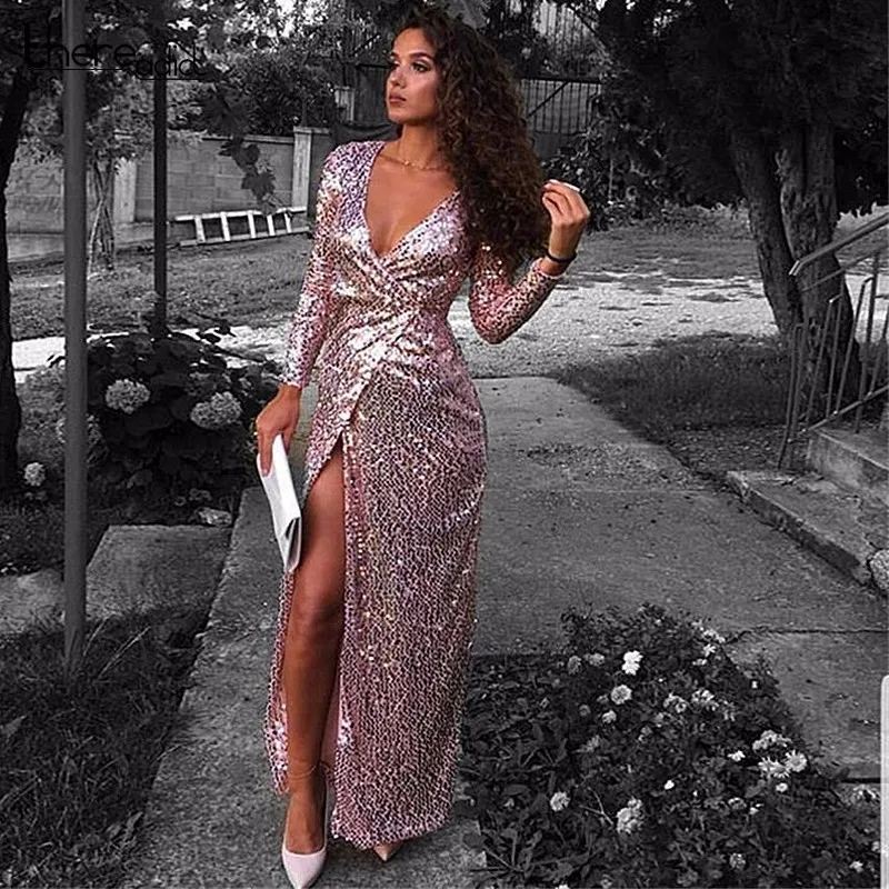 

Black Sequin Robe Dress Floor Length Maxi Wrap Dress With Long Sleevess Chiffon Fabric Waist Tie Winter Maxi Dresses Vestidos