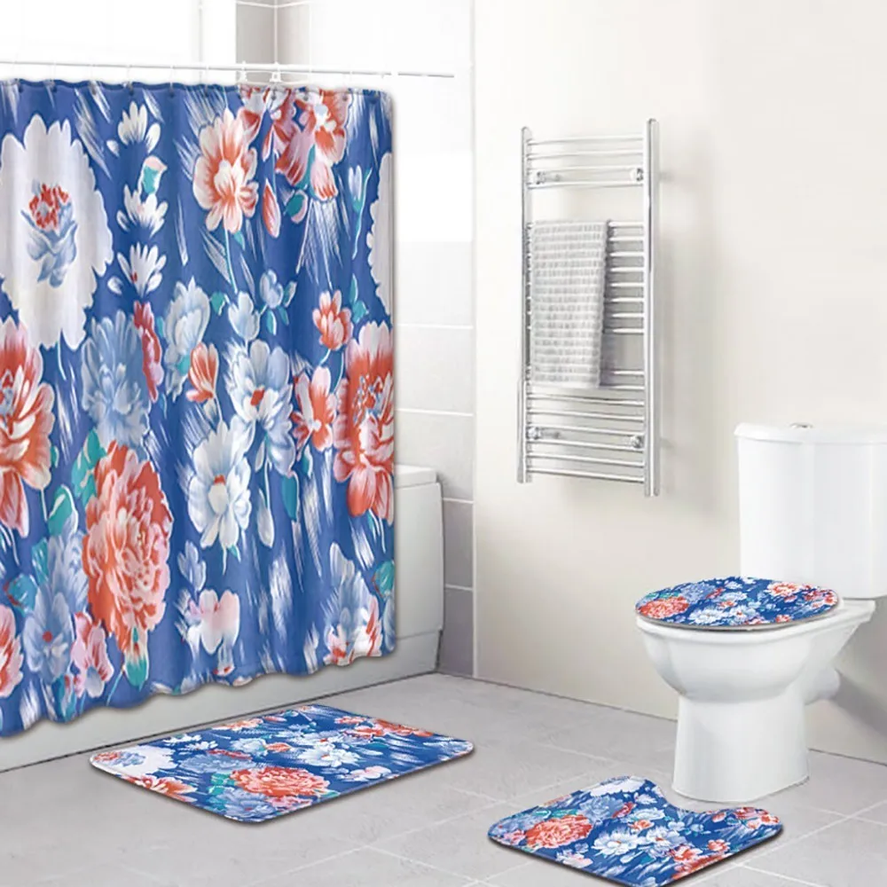

4pcs Sea Style Non Slip Toilet Polyester Cover Mat Set Bathroom Shower Curtain Bathroom Products Washable Mildew Proof Colorful