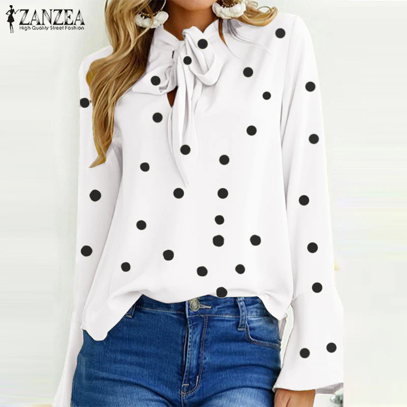 

Women Blouse Shirt 2019 ZANZEA Ladies Vintage Bow Belt Neck Dot Print Tops Elegant Blusas Casual Loose Flare Sleeve Camisas
