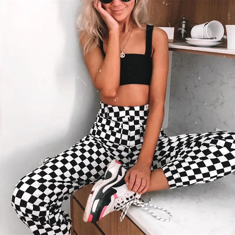 Streetwear Checkered Plaid Punk Joggers Sweatpants High Waist Cargo Pants Women Casual Harem Trousers Female Capris Pantalon