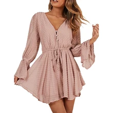 Sovalro, женский комбинезон, летний, сексуальный, с v-образным вырезом, с роговым рукавом, с длинным рукавом, короткий, на кнопках, на завязках, Повседневный, женский комбинезон