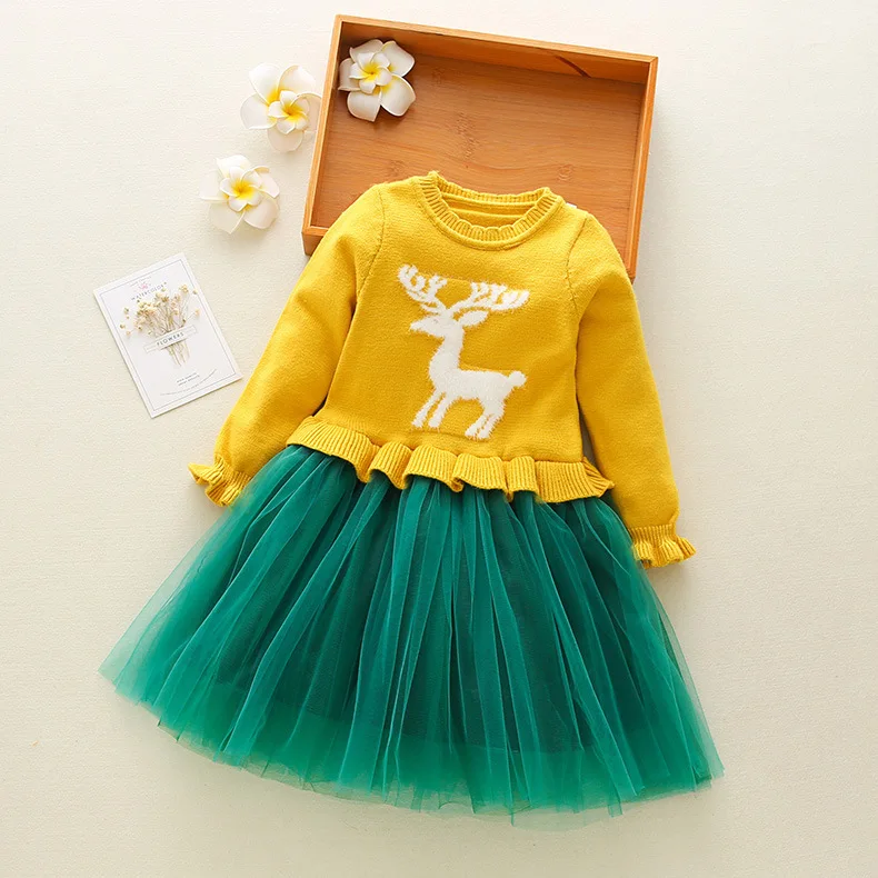 

Autumn and winter children's clothing girls sweater sweater bow Cute style Avoid Knee Mini children's dress Solid