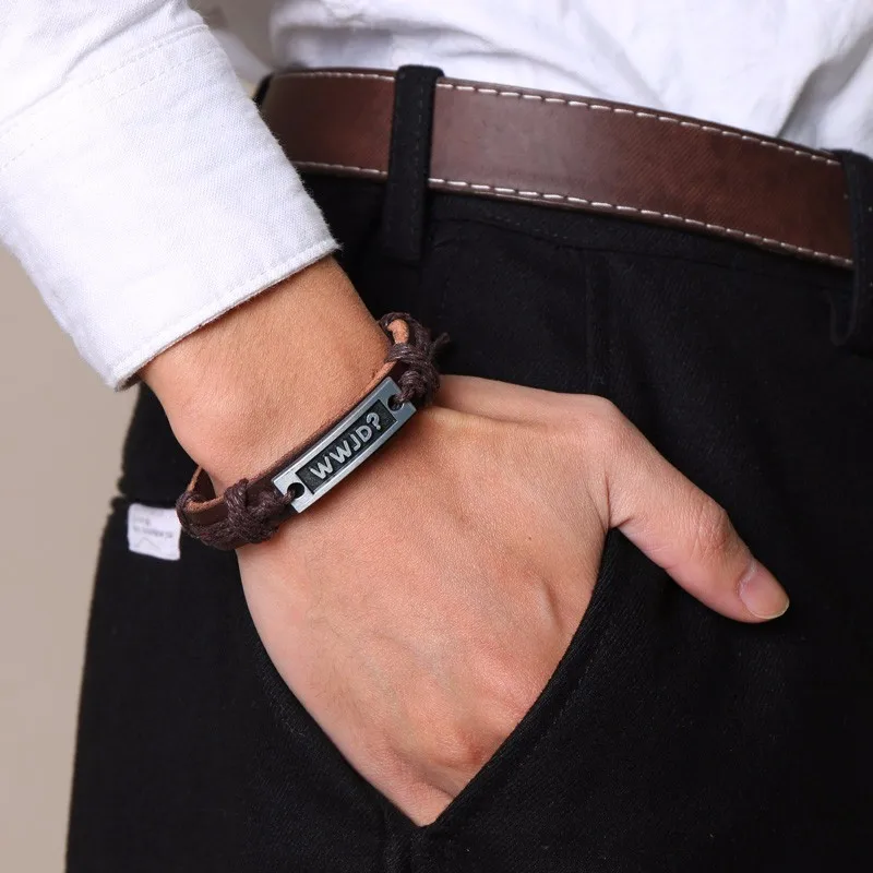 

WWJD Bangle What Would Jesus Do (WWJD) Genuine Leather Bracelet Adjustable