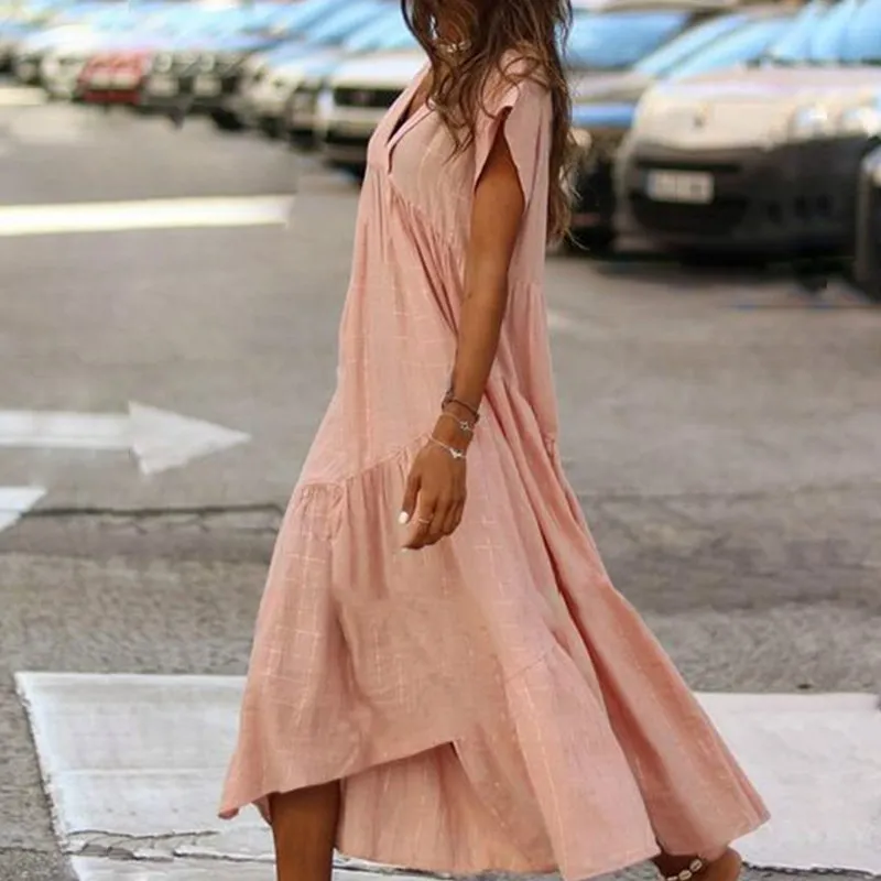 

Women Maxi Long Dress 2019 V Neck Short Sleeve Loose Dresses Casual Plus Size Dress Vestido