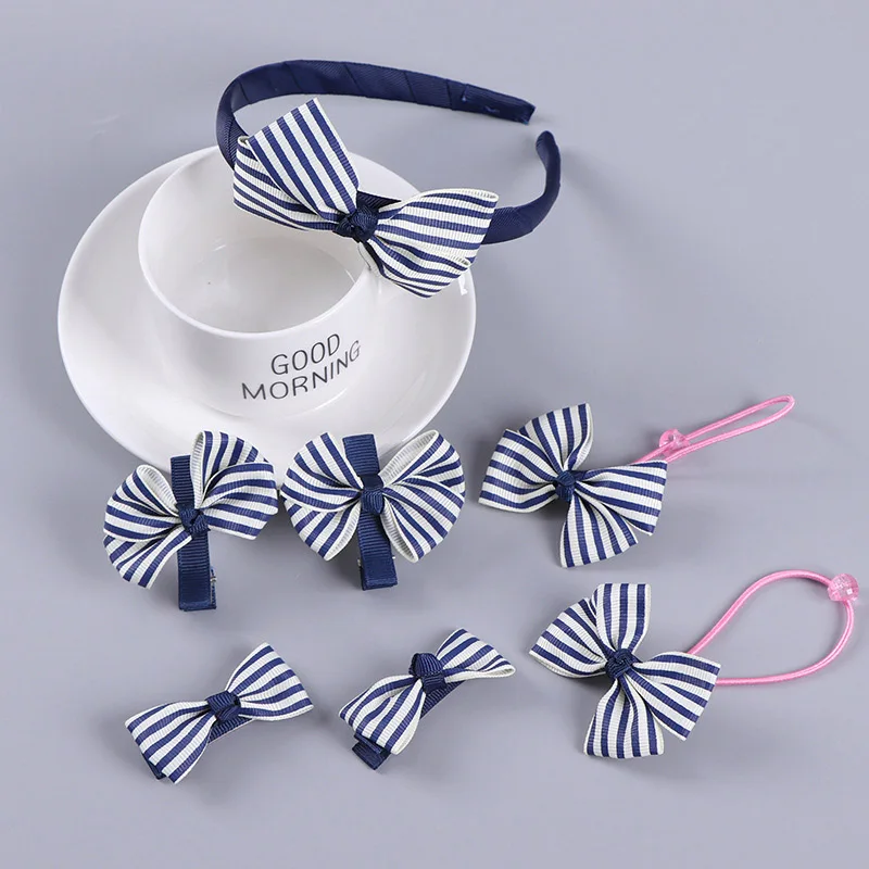 7pcs/set hair accessory set bow flower headband hair clip stretch hair rope cute candy color girls hair ring Cloth headwear set
