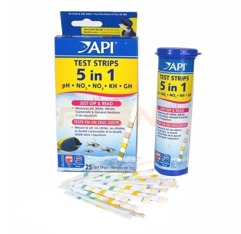 

25 PCS API 5 in 1 Aquarium Test Strips-Tests PH, NO2, NO3, KH, GH(25 Test Strips)