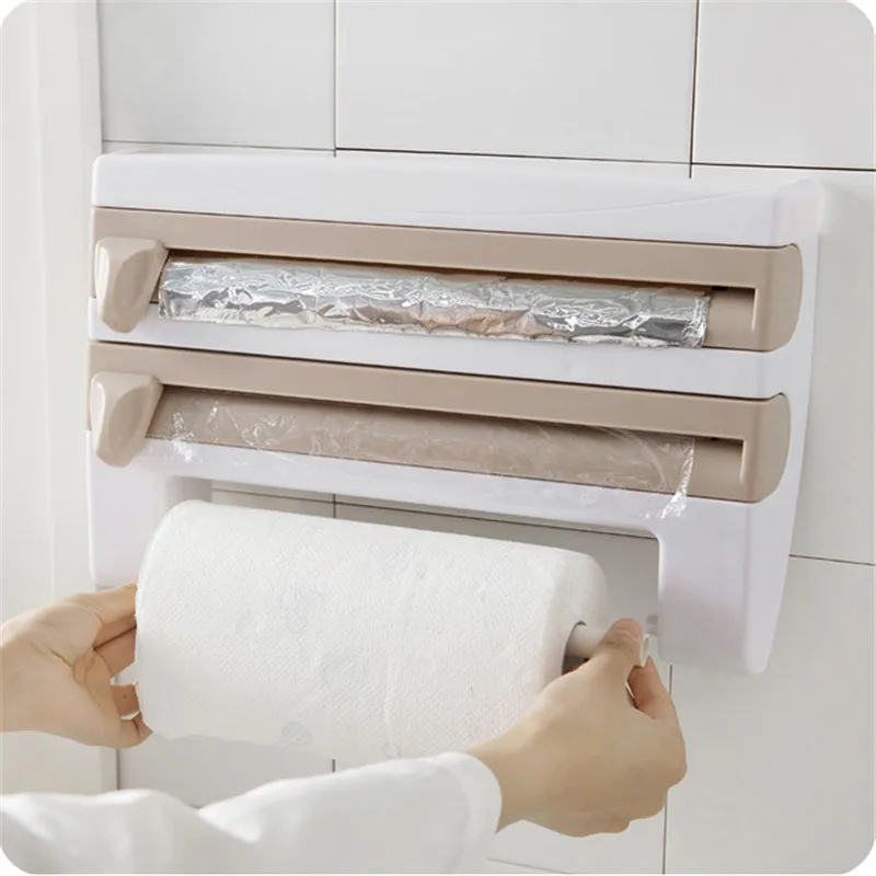 Kitchen Plastic Refrigerator Cling Film Storage Cutting Rack Wrap Cutter Tin Foils Paper Towel Holder Kitchen Shelf Hang Holder