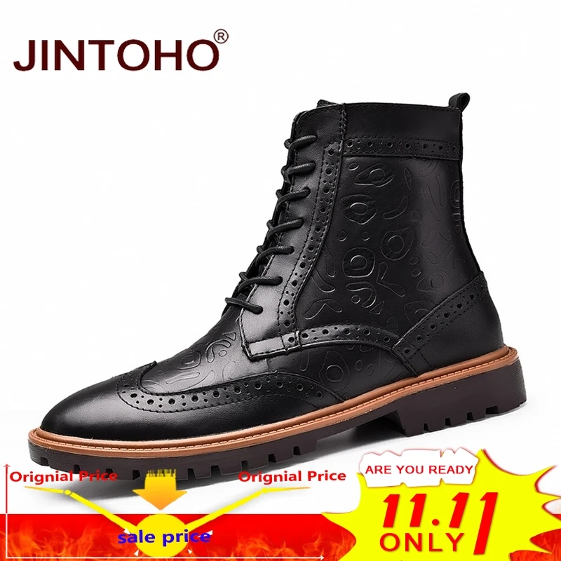 

JINTOHO High Quality Men Geuine Leather Shoes Black Mid-Calf Men Boots Genuine Leather Male Boots Mens Winter Shoes Ankle Boots