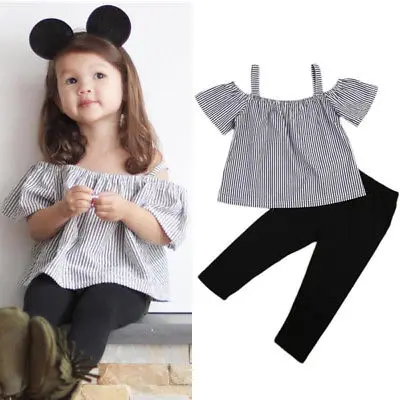 

Newborn Kids Baby Girl Summer Off Shoulder Striped Tops Long Outfit Clothes Toddler Infant Girls Shirts Pants Clothing Set1-6T