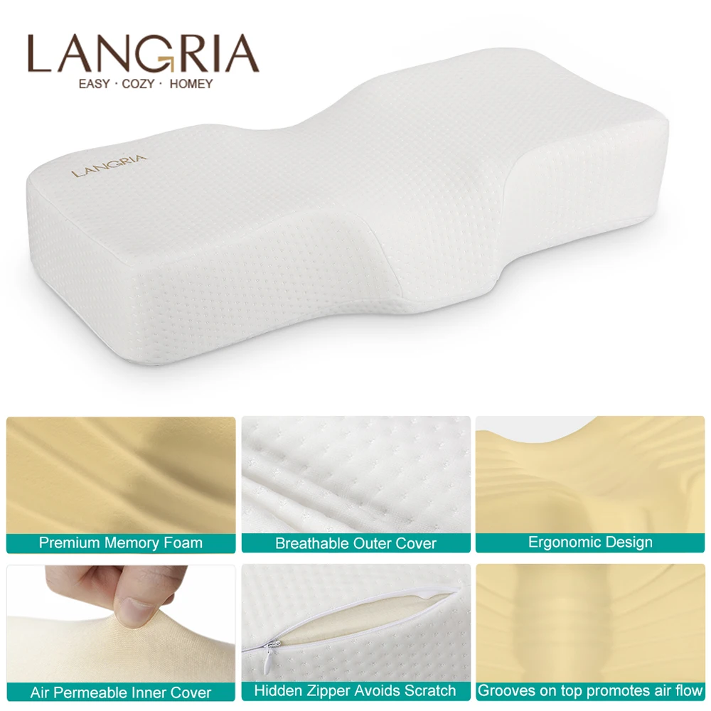 

LANGRIA Anti Snore High-Density Memory Foam Bed Pillow with Breathable Removable Cover Health Care Pillow Soft Neck Pillow