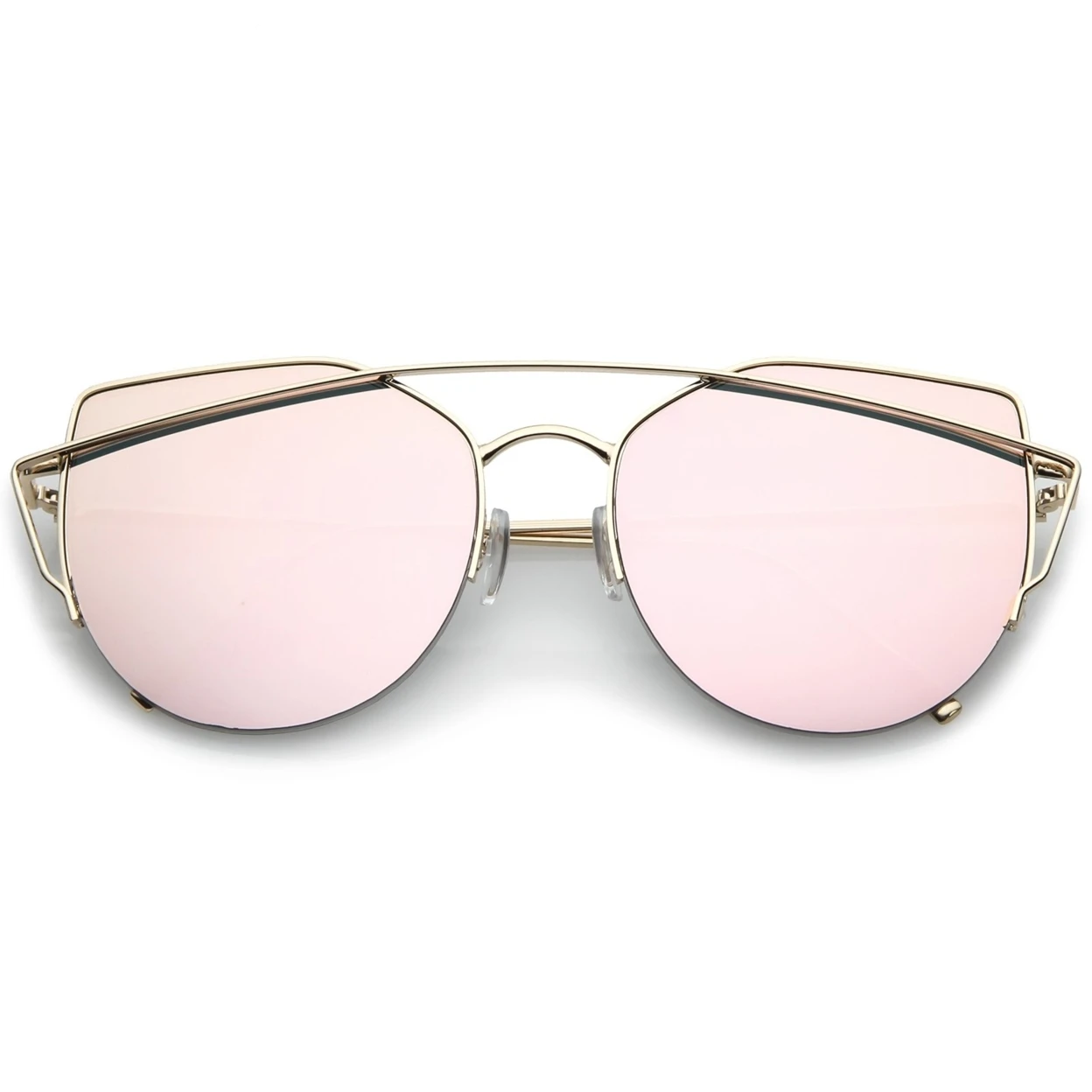 Women's Semi Rimless Metal Brow Bar Round Mirrored Flat Lens Cat Eye Sunglasses |