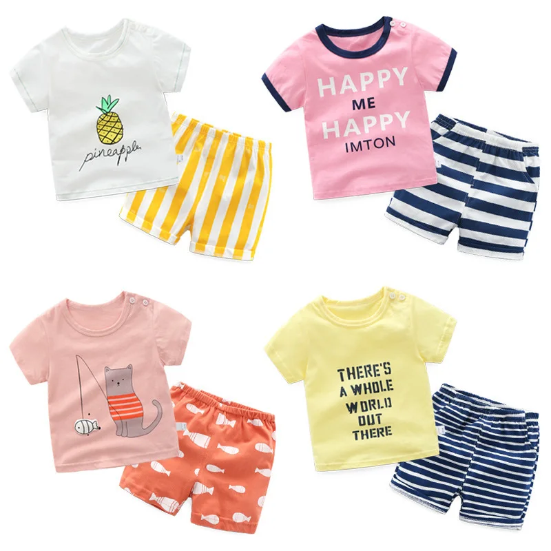 

2PCS Korean Cotton Children's Set Cartoon Short-sleeved T-shirt+Striped Shorts Baby Boy Girl Summer Clothes Suit