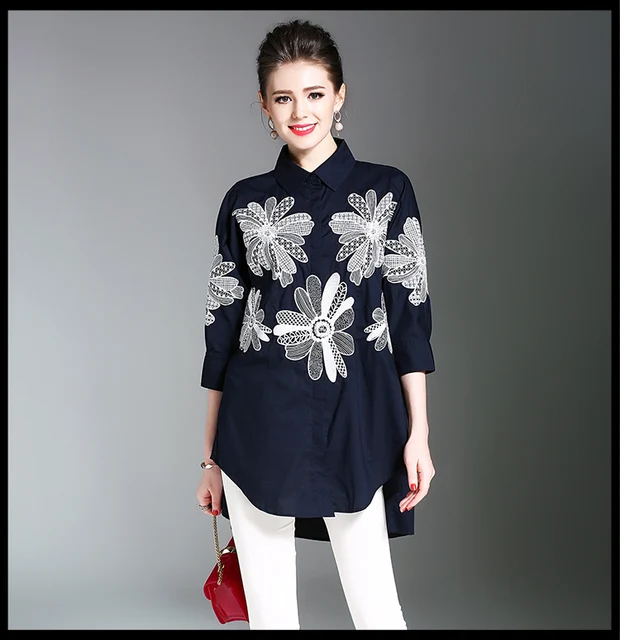 High-end Cotton Floral Embroidery Shirt Women Blouses Blouse Femme Ete 2019 Loose Navy Blue Women Tops Blusa Mujer K705558