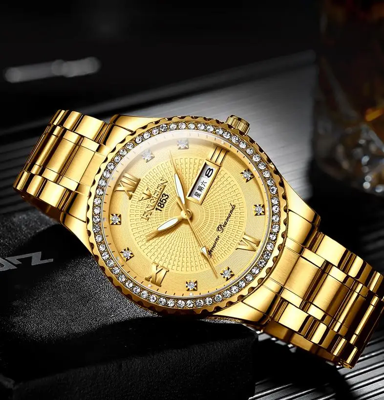 Мужские высококачественные мужские часы от ведущего бренда класса люкс, кварцевые часы с полностью стальным бриллиантом, мужские часы с датой и неделей, водонепроницаемые золотые наручные часы