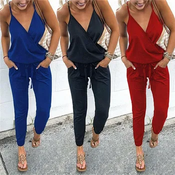 

Fashion Women Spaghetti Strap Jumpsuit Solid Sexy V-neck Playsuit Clubwear Summer Playsuit Jumpsuit Romper Party Long Trousers