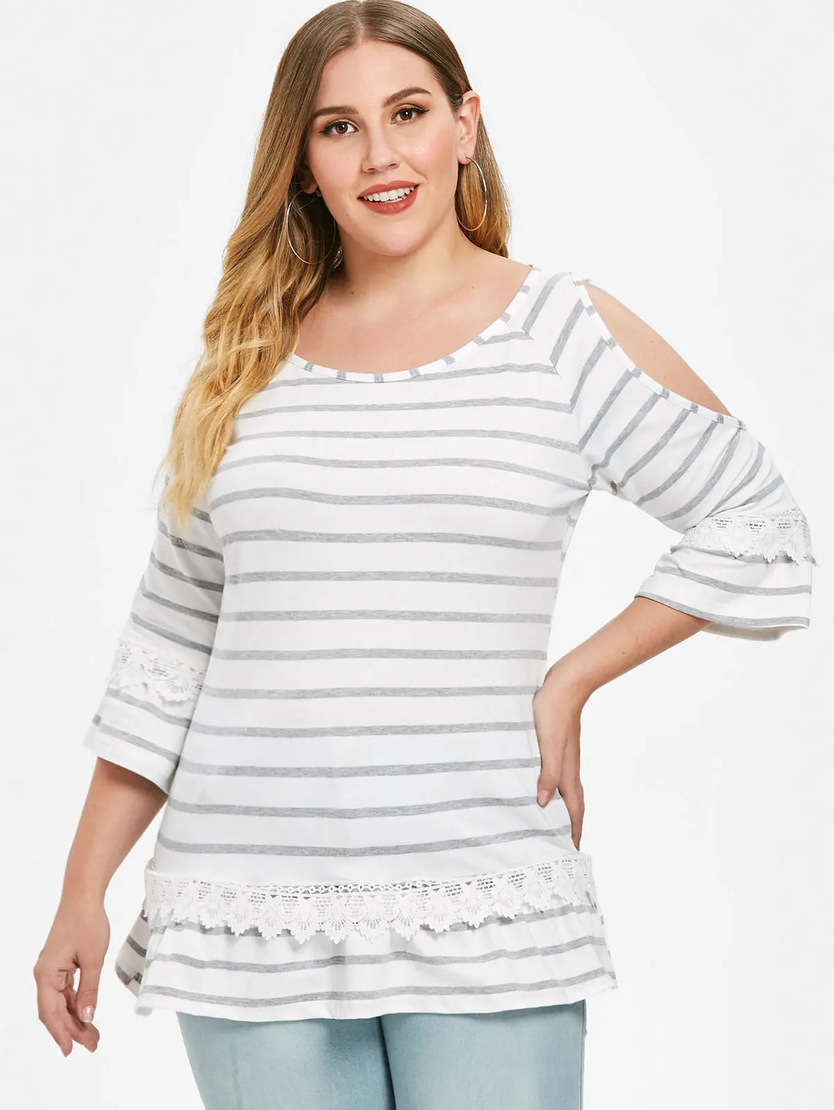 Wipalo Women Open Shoulder Plus Size 5XL Striped T Shirt Round Neck Three Quarter Flare Sleeves Spring Ladies Tees Female Tops|Футболки| |