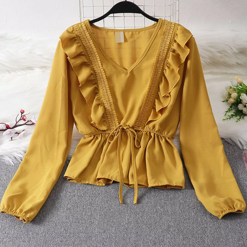 

2019 The Newest Fashion Wear Take Chiffon Women V Neck Ladies Ruffle Tie Chiffon Summer Casual Loose T Shirt Tops