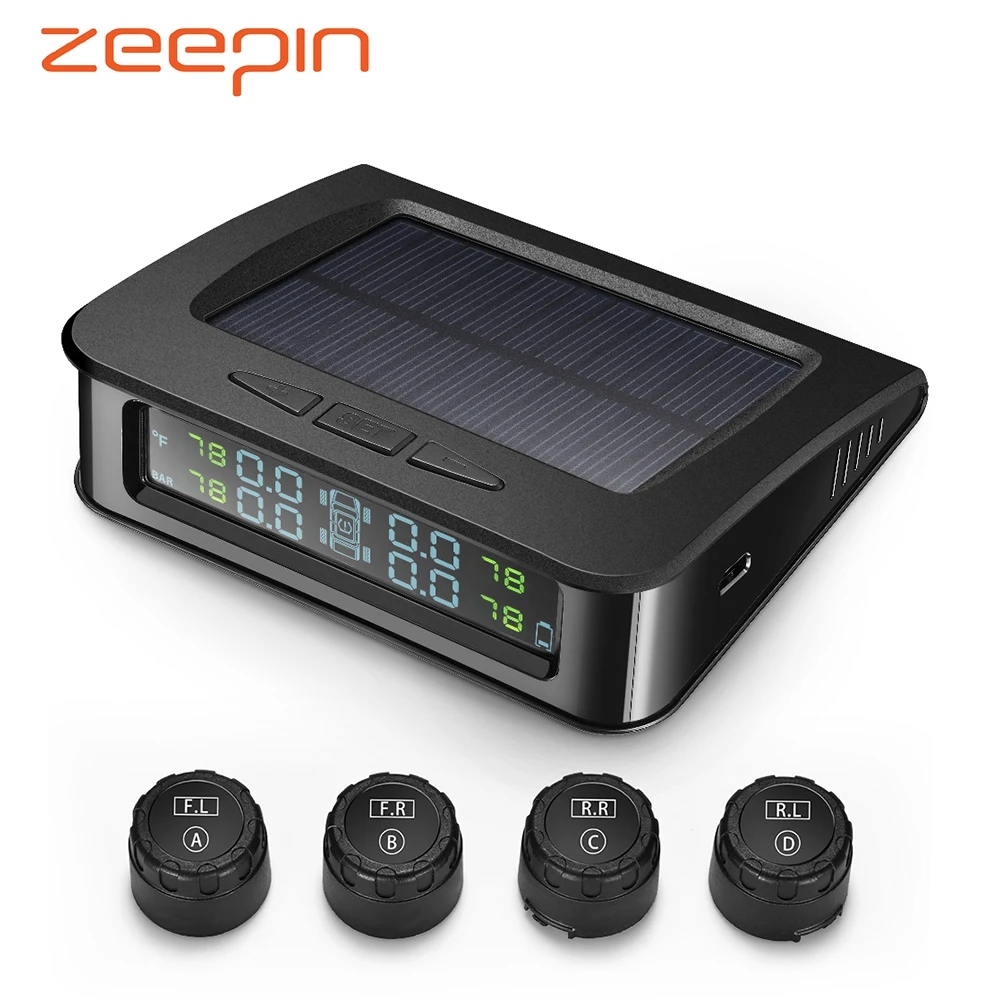 

Solar Power Car TPMS 4 External Sensors Wireless Tire Pressure Monitoring System USB Charging Digital LCD Display Auto Security