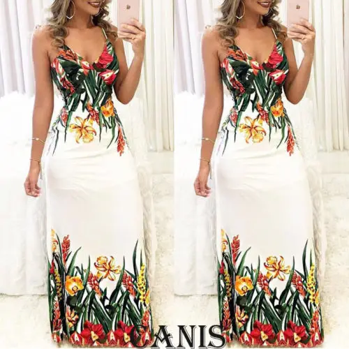 

Women's Summer Boho Floral V Neck Sleeveless Long Maxi Evening Party Holiday Spaghetti Strap Dress Sundress