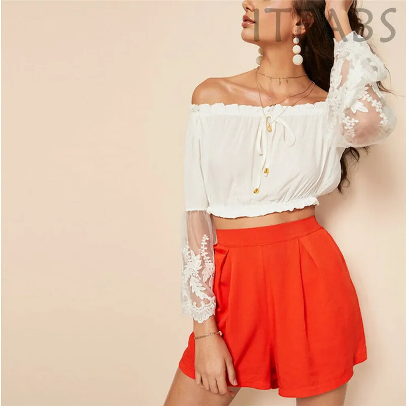 Для женщин Кружева Топы один Slash длинным рукавом и открытыми плечами Летняя