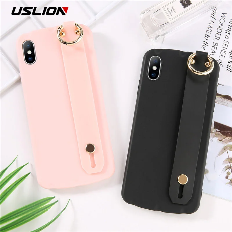 

USLION Wrist Strap Cases Cover For iPhone 6 6s Plus XR Xs Max Solid Color Soft TPU Silicone Phone Case For iPhone X XS 7 8 Plus