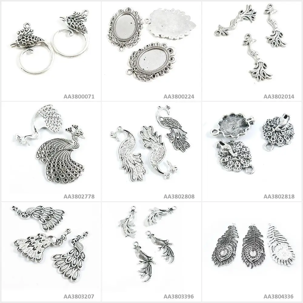 

Antique Silver Tone Jewelry Making Charms Peacock Feather Phoenix Bird Spreading Tail Cabochon Blank Setting Bracelet Pendant